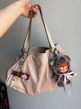 Gucci Pink Monogram Shoulder Bag with Cream Trim and Charm